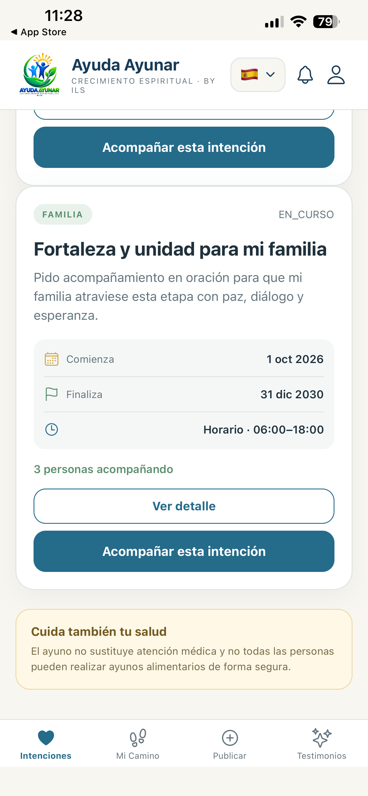 Pantalla de intenciones de Ayuda Ayunar